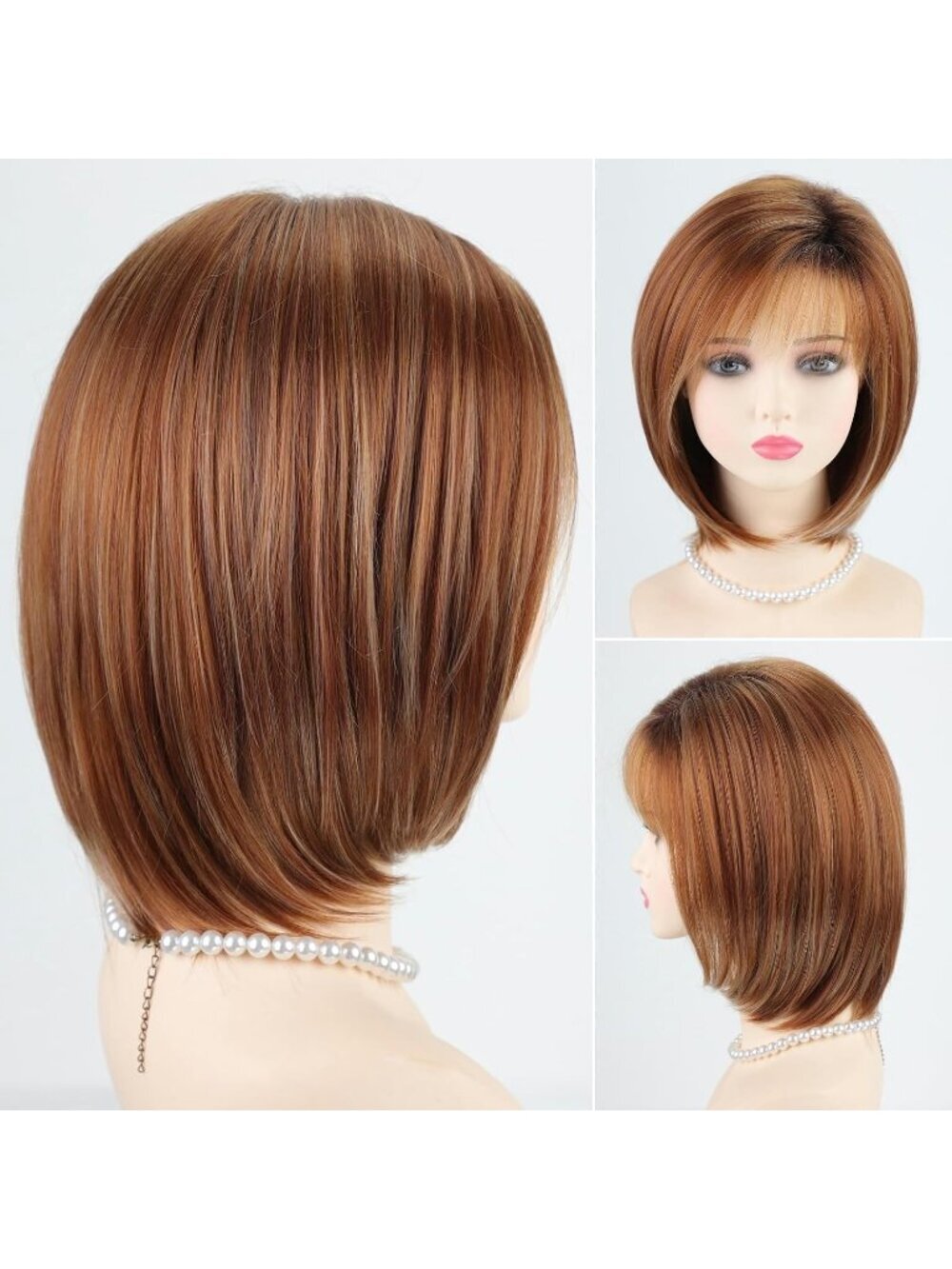 Women's Auburn Orange 12 Inch Mid Length Heat Synthetic Straight Layered Bob Wig